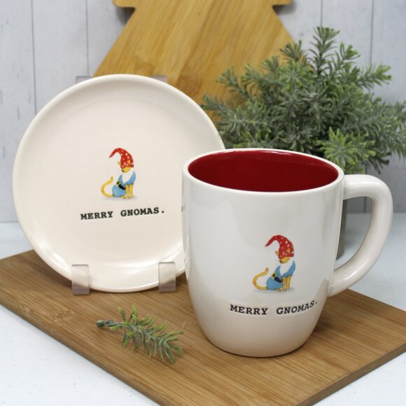 Rae Dunn MERRY GNOMAS Mug and Plate Set 2 Pieces - Christmas Cat Dressed Gnome - Picture 1 of 8